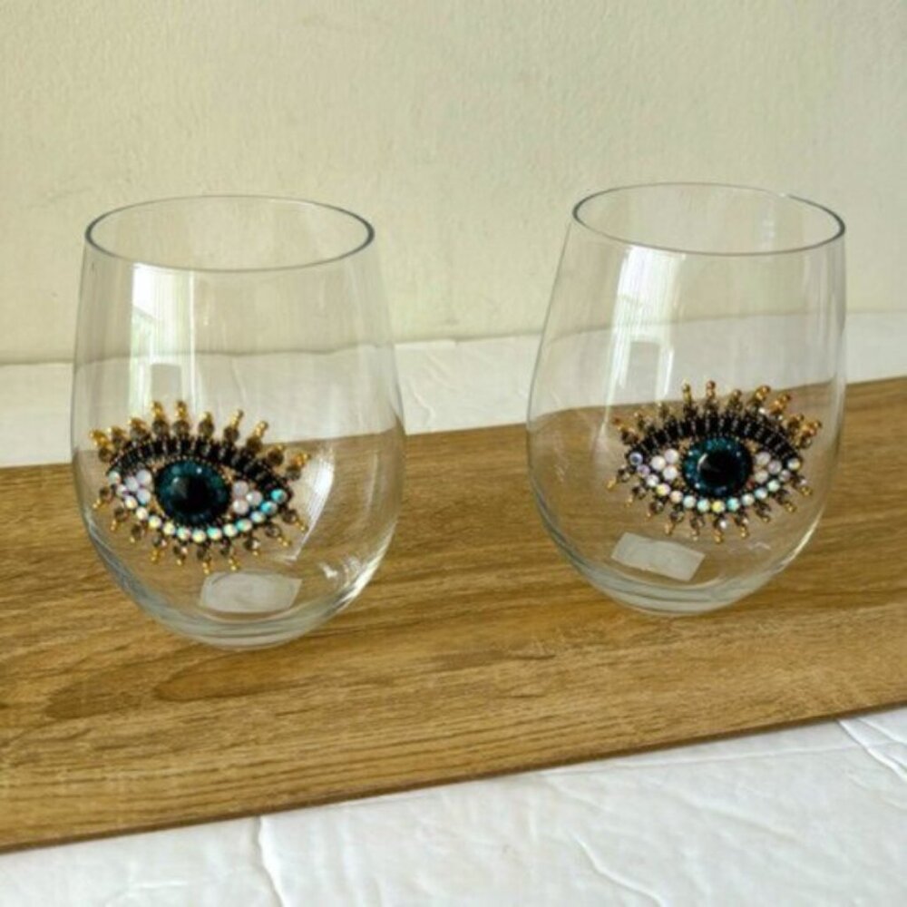 Rachel Zoe 2 Pc Jewel Rhinestone Hamsa Evil Eye Stemless Wine Glasses - Picture 5 of 10